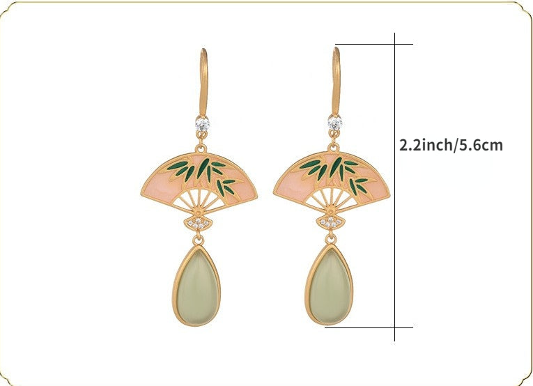 Fan Shape Jade Cloisonne Leaf Earrings