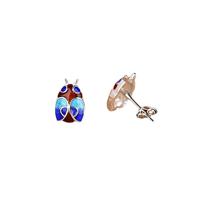 Vintage Style Cloisonne Beetle Stud Earrings, 925 Sterling Silver Animal Earrings
