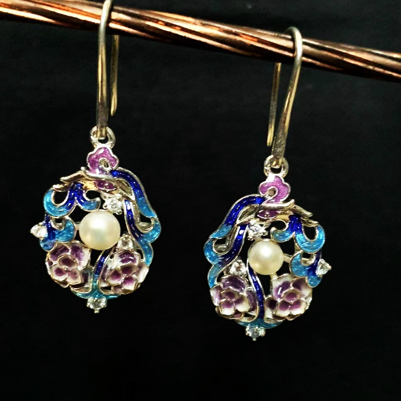 Cloisonne Floral Pearl Earrings