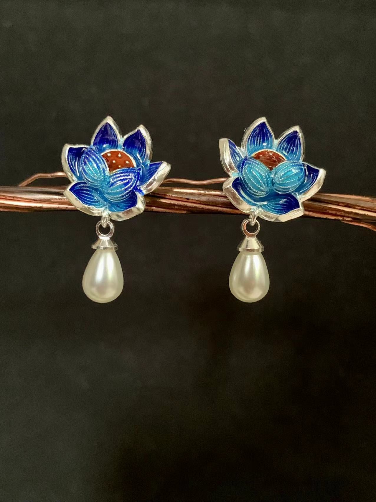 Lotus Flower Cloisonne Pearl Earrings