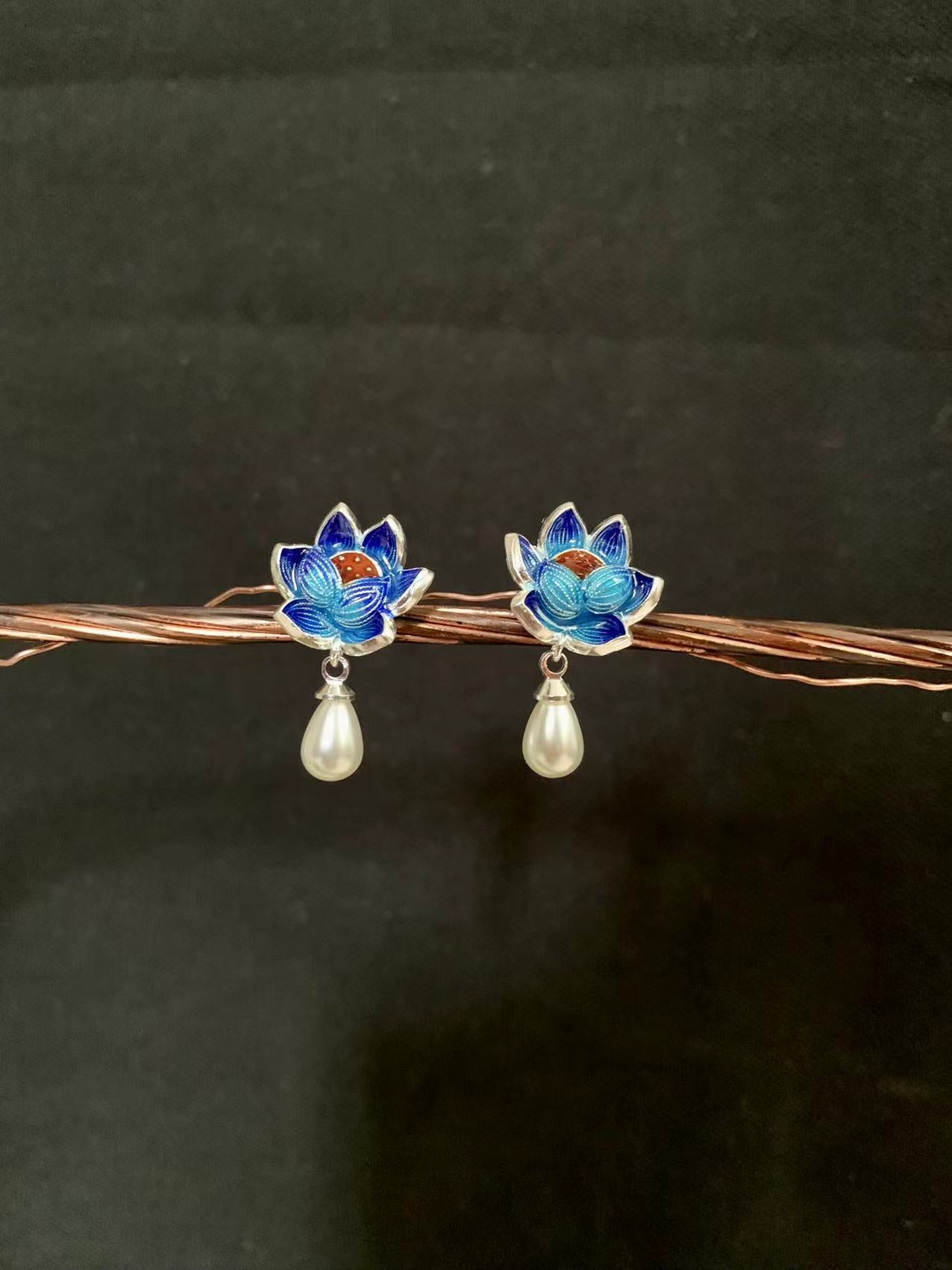 Lotus Flower Cloisonne Pearl Earrings