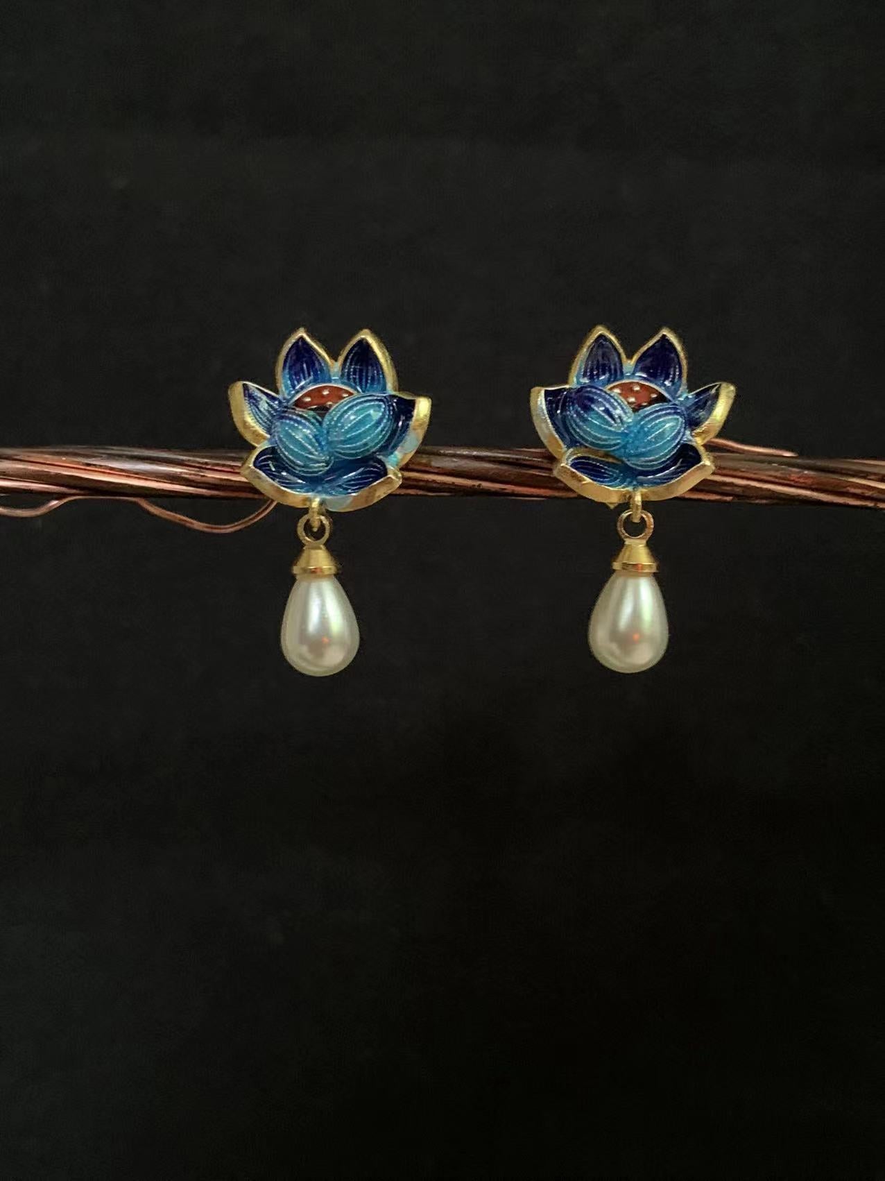 Lotus Flower Cloisonne Pearl Earrings