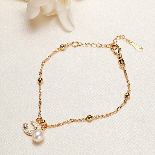 Genuine Freshwater Pearl Bracelet with Crescent Moon Charm