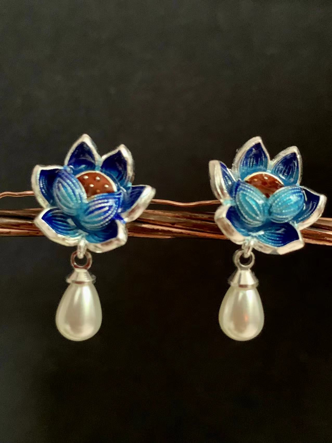 Lotus Flower Cloisonne Pearl Earrings