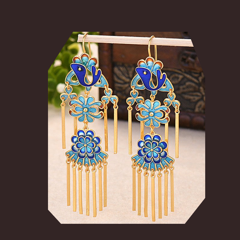 Cloisonne Floral Phoenix Design Tassel Drop Earrings