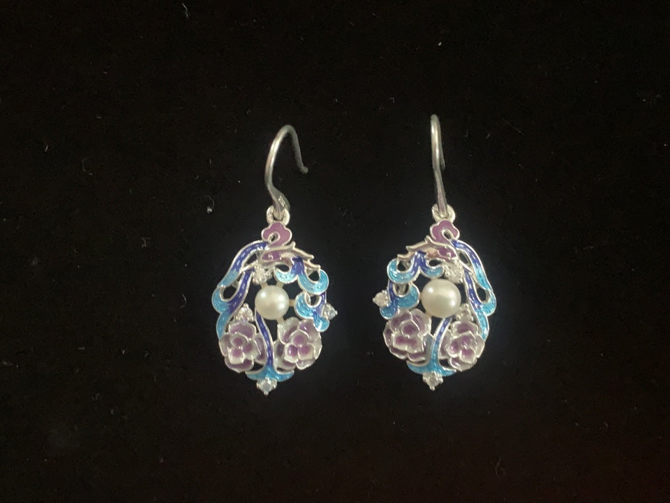 Cloisonne Floral Pearl Earrings
