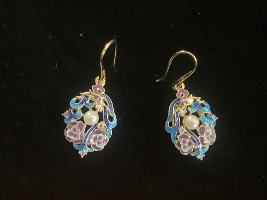Cloisonne Floral Pearl Earrings