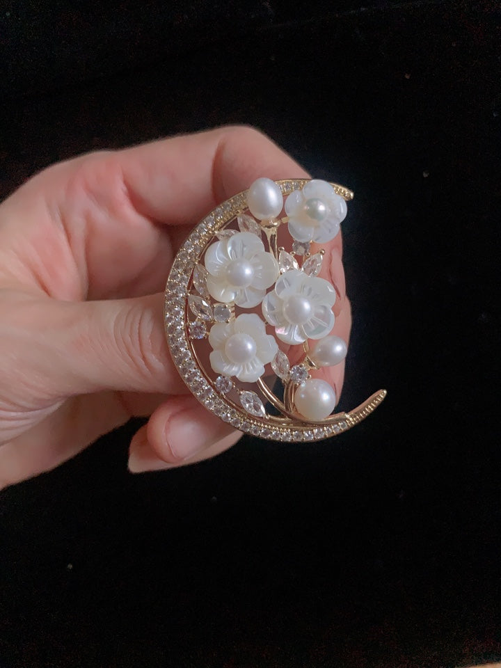 Crescent Moon Cowrie Shell Floral Brooch