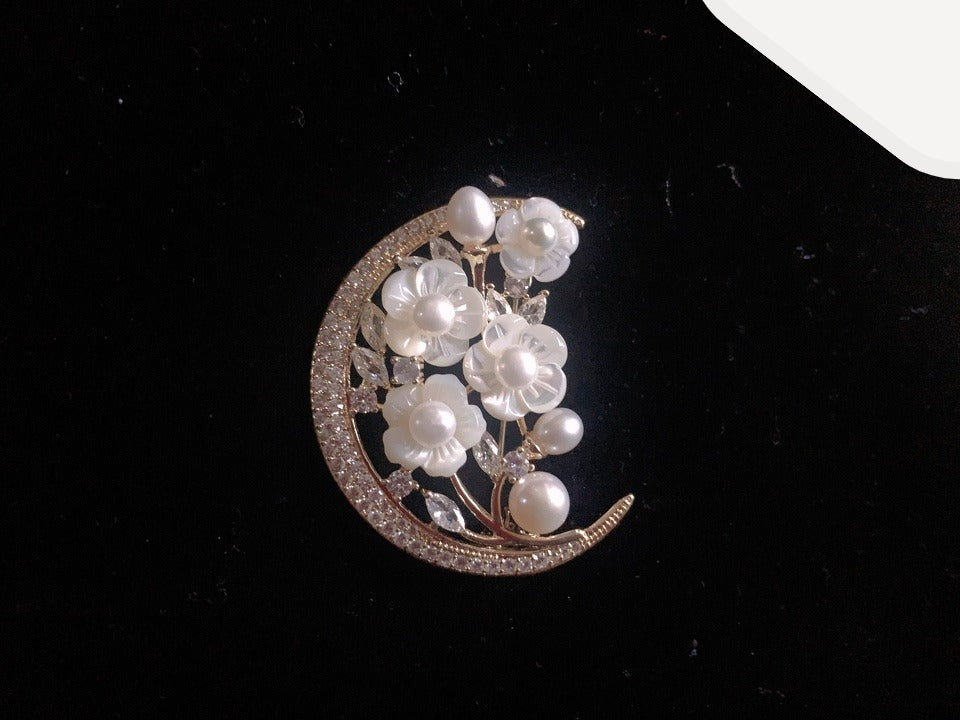 Crescent Moon Cowrie Shell Floral Brooch