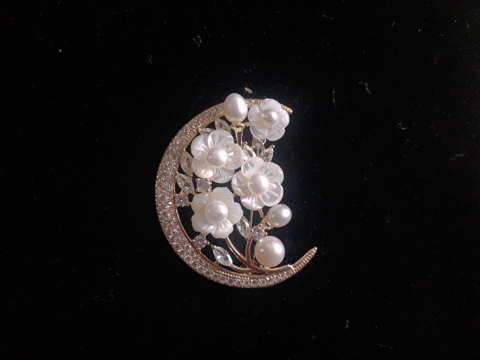Crescent Moon Cowrie Shell Floral Brooch