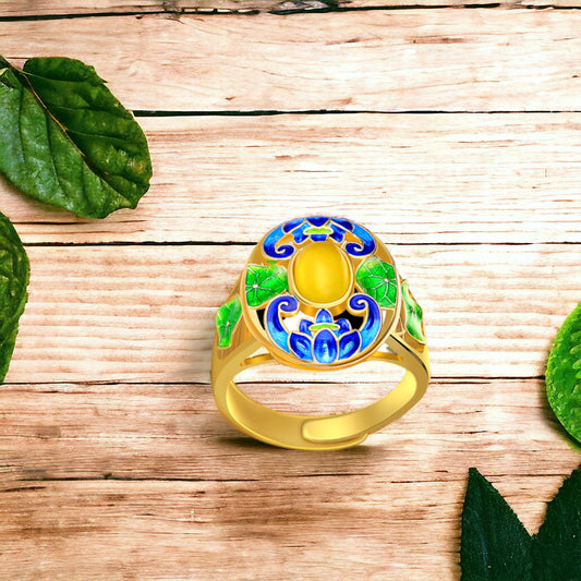 Vintage Style Cloisonne Yellow Agate Statement Ring