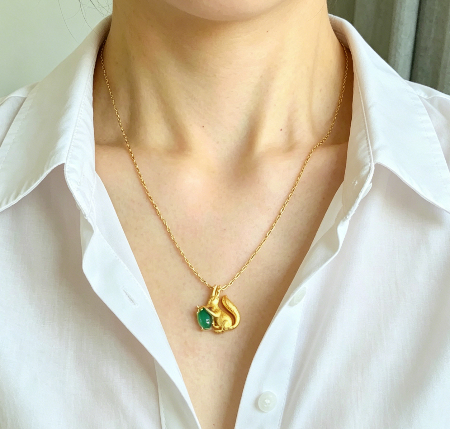 Vintage-Style Squirrel & Acorn Chrysoprase Pendant Necklace, Gold-Plated Brass