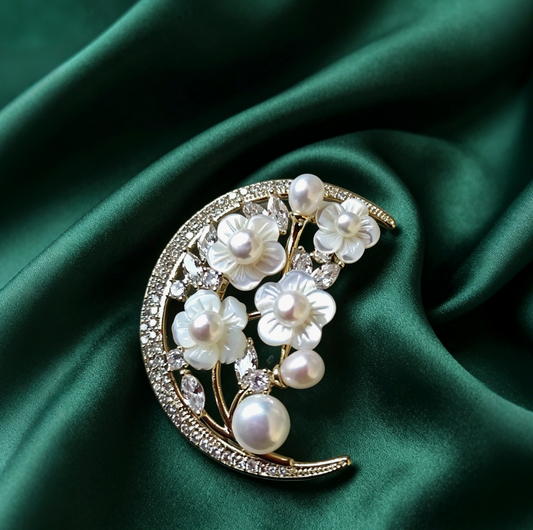 Freshwater Pearl Crescent Moon Brooch with Mother of Pearl Flowers & Cubic Zirconia