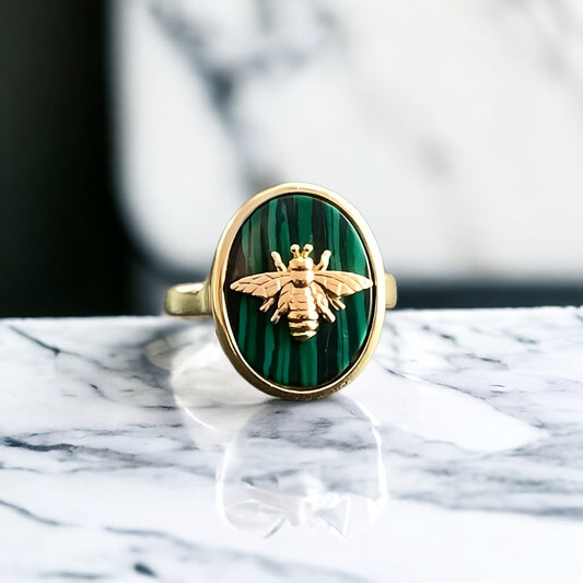 Natural Malachite Bee Signet Ring