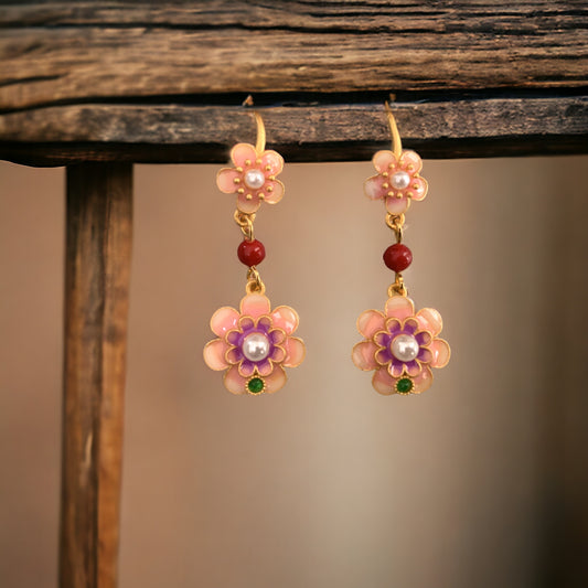 Camellia Pink Enamel Earrings