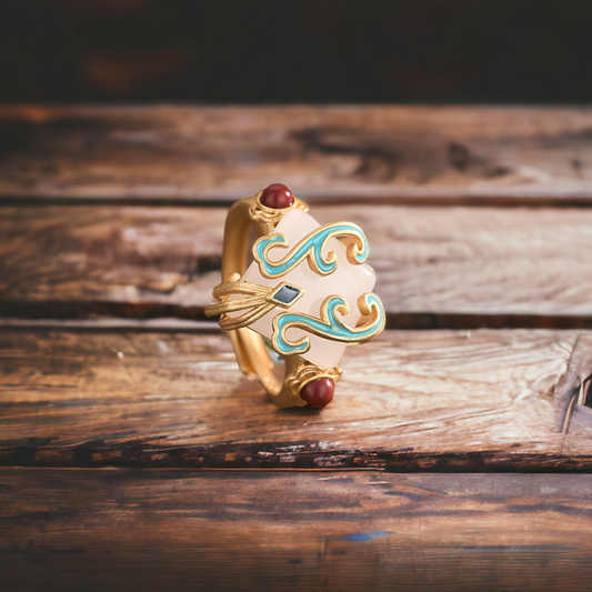 Cloisonne South Red Agate Jade Ring