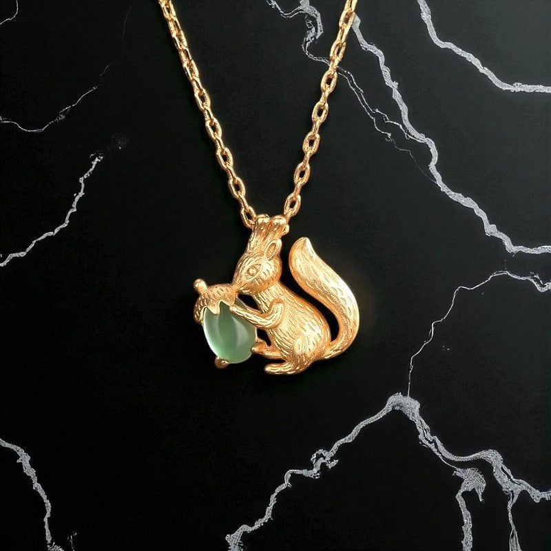 Vintage-Style Squirrel & Acorn Chrysoprase Pendant Necklace, Gold-Plated Brass