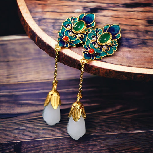 Cloisonne Chrysoprase Magnolia Earrings