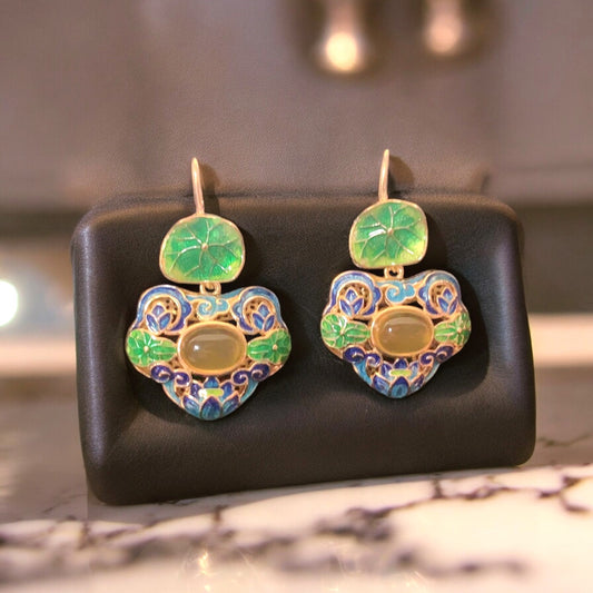 Cloisonne Lotus Leaf Floral Earrings
