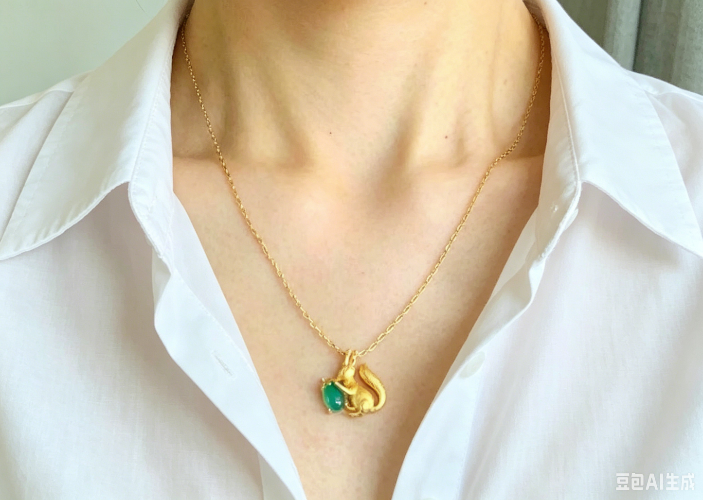 Vintage-Style Squirrel & Acorn Chrysoprase Pendant Necklace, Gold-Plated Brass