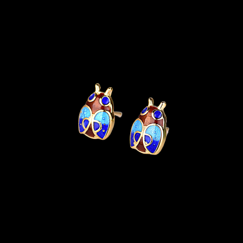 Vintage Style Cloisonne Beetle Stud Earrings, 925 Sterling Silver Animal Earrings