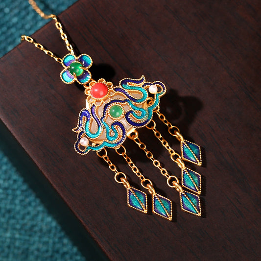 Enamel Floral Tassel Drop Statement Necklace